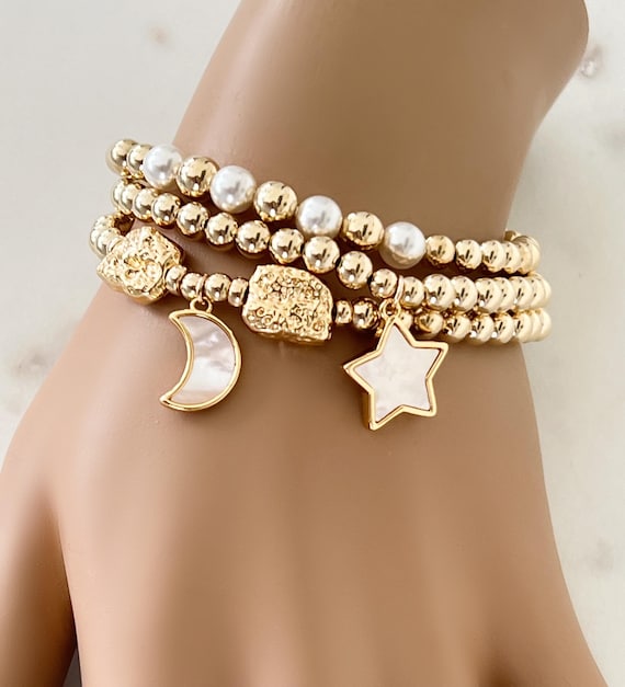 14k Gold Filled Pearl Bracelet Set: MOP Star & Moon Jewelry