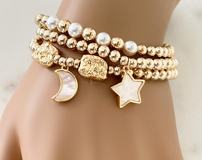 14k Gold Beaded Layered Bracelets, Swarovski Pearls, MOP Crescent Moon W/Rocks & Star, Space Jewelry, Boho Beaded Bracelets, #1520