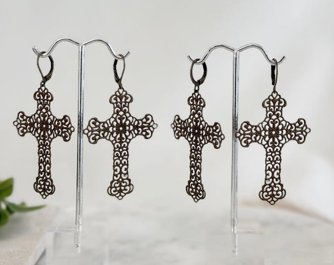 NEW Big Bronze Filigree Cross Earrings, Mini Hoop or Leverbacks, Big and Beautiful Light Weight Cross Earrings, #1846