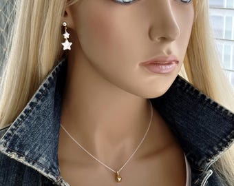 14k Gold Filled Diamond Zircon Posts Double Stack MOP Star Earrings, Zircon Post Mother of Pearl, Dangle Drop 14k Gold Shell Earrings, #1834