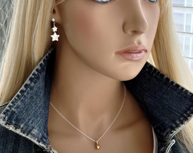14k Gold Filled Diamond Zircon Posts Double Stack MOP Star Earrings, Zircon Post Mother of Pearl, Dangle Drop 14k Gold Shell Earrings, #1834