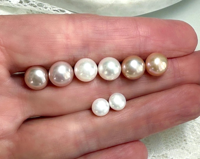 Freshwater Pearl Stud Earrings: Sterling Silver or 14k Gold Filled, Classic Luminous Button Pearl Jewelry, 6mm or 8mm, #1608