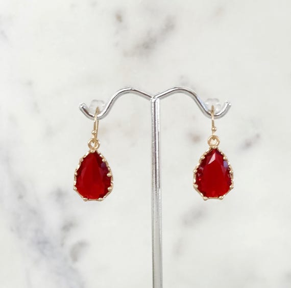 Ruby Red Petite Kates 14k Gold Filled Teardrop Earrings, Mini Lightweight Sparkling Dangles, July Birthstone, Princess Earrings #1815
