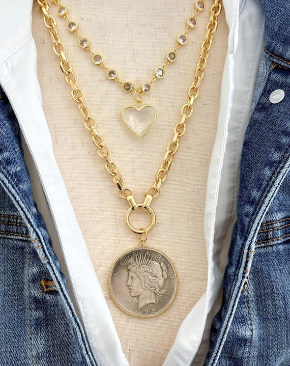 1922 Peace Dollar Replica, Layered Gold Necklace Set, Crystal Quartz Heart Necklace, Lady Liberty Statement Necklace, #2069/#2071