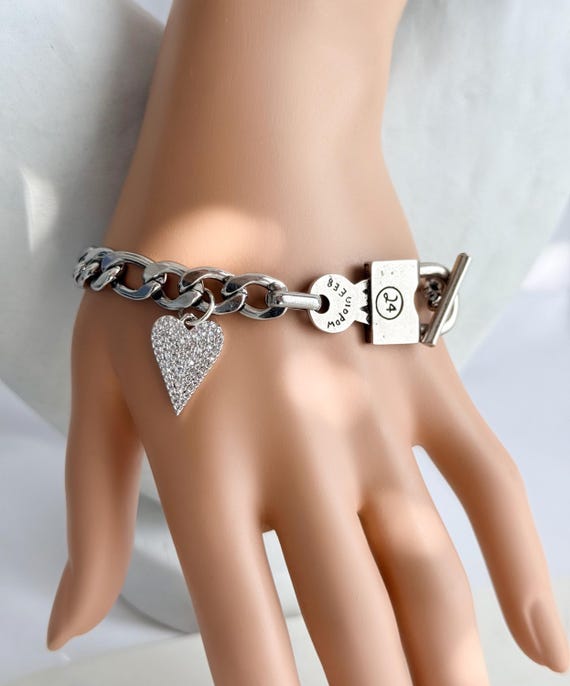 Stainless Steel Figaro Chain Lock Toggle Bracelet, Crystal Heart Charm Bracelet, Silver Statement Bracelet, Gift for Her, #2042