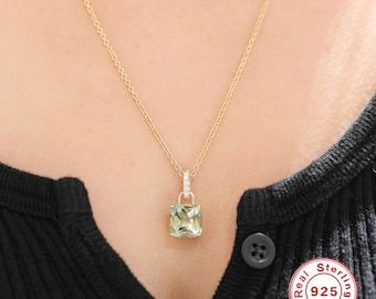 Kate Inspired Princess Cut Diamond Zircon Bail Necklace, Gold Chain, Choice Bezel of Aqua, Lit eGreen or Amethyst, Royal Inspiration, #1584