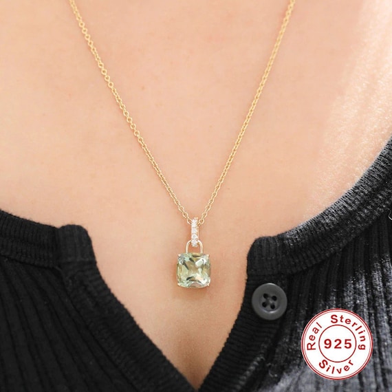 Kate Inspired Princess Cut Diamond Zircon Bail Necklace, Gold Chain, Choice Bezel of Aqua, Lit eGreen or Amethyst, Royal Inspiration, #1584