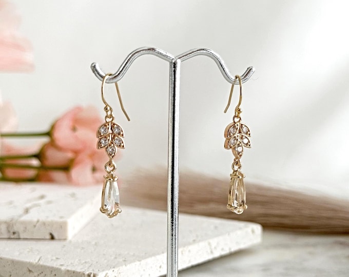 Gold Floral Zircon Earrings, Zircon Petals with a Teardrop Drip on 14k Gold Filled Earwires, Sparkling Nature Boho Earrings #1847