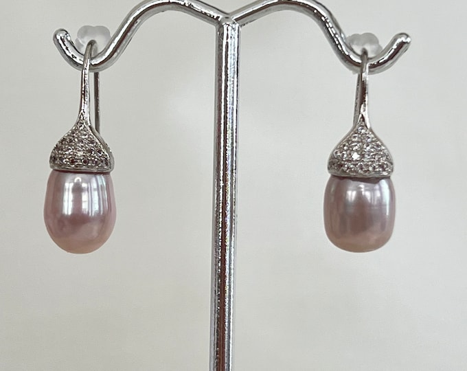 Sterling Silver Paved Zircon Pearl Earrings, Lavender Genuine Water Drop Pearls, Pale Purple Pearls, Fancy Zircon Settings, #1632