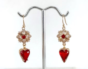 Red Glass Heart Earrings, Victorian Inspired Love Drops, 14k Gold Filled Ear Wires, #1966