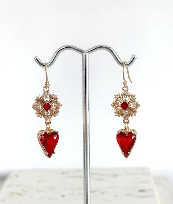 Red Glass Heart Earrings, Victorian Inspired Love Drops, 14k Gold Filled, #1966