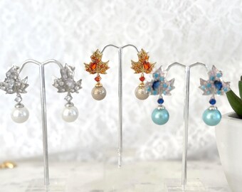 Kate Inspired Maple Leaf Zircon Earrings, Fiery Orange, Turquoise Blue & Silver, Elegant Statement Earrings #1809