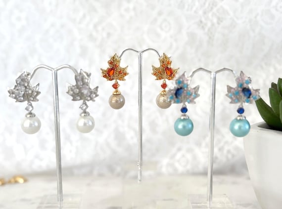 Kate Inspired Maple Leaf Zircon Earrings, Fiery Orange, Turquoise Blue & Silver, Elegant Statement Earrings #1809
