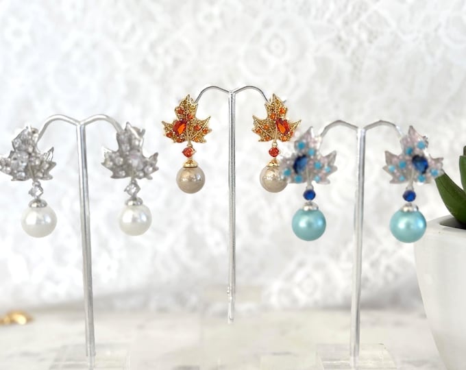 Kate Inspired Maple Leaf Zircon Earrings, Fiery Orange, Turquoise Blue & Silver, Elegant Statement Earrings #1809