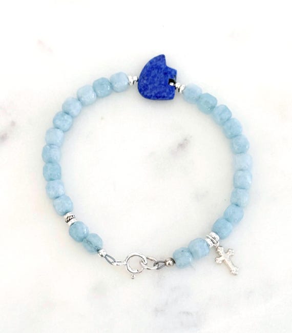 Blue Lapis Zuni Bear Bracelet, Sterling Silver Cross, Aquamarine Gemstone, Protection Healing Jewelry, Faith Strength Gift #1978