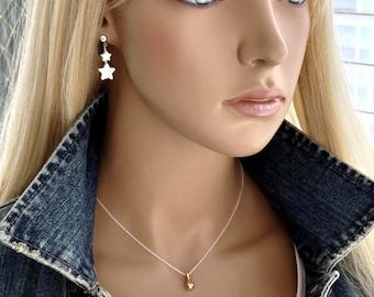 14k Gold Filled Diamond Zircon Posts Double Stack MOP Star Earrings, Zircon Post Mother of Pearl, Dangle Drop 14k Gold Shell Earrings, #1834