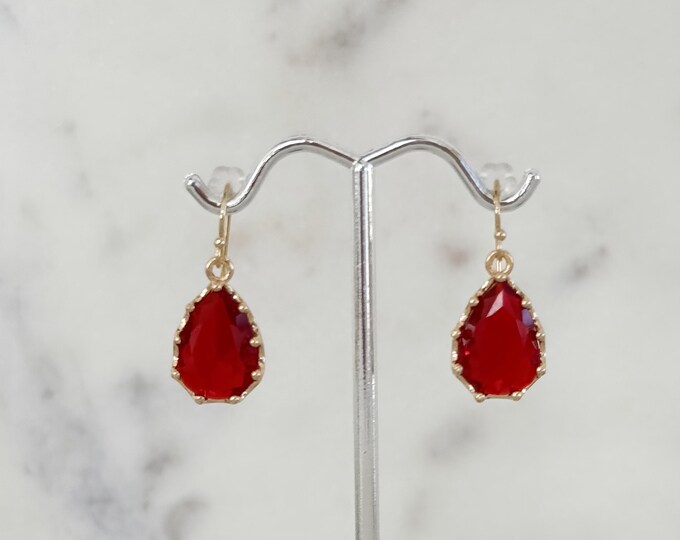 Ruby Red Petite Kates 14k Gold Filled Teardrop Earrings, Mini Lightweight Sparkling Dangles, July Birthstone, Princess Earrings #1815