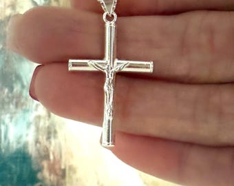 Men's Sterling Silver Crucifix Cross Necklace, Thick Hollow Cross on Cable Chain, Religious Gift for Him, #1944