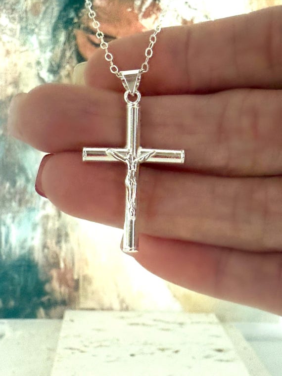 Men's Sterling Silver Crucifix Cross Necklace, Thick Hollow Cross on Cable Chain, Religious Gift for Him, #1944