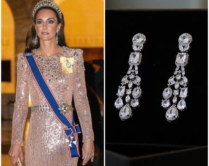 Kate Middleton Inspired Fancy Zircon Chandelier Earrings, Sterling Silver Posts, Multiple Shaped Bezels, #1619