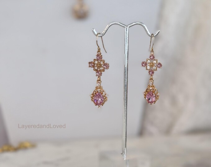 Wedding Pink Diamond Zircon Earrings, 14k Gold Filled Victorian Era Earrings, October Birthday, Bridgerton Style, #1816