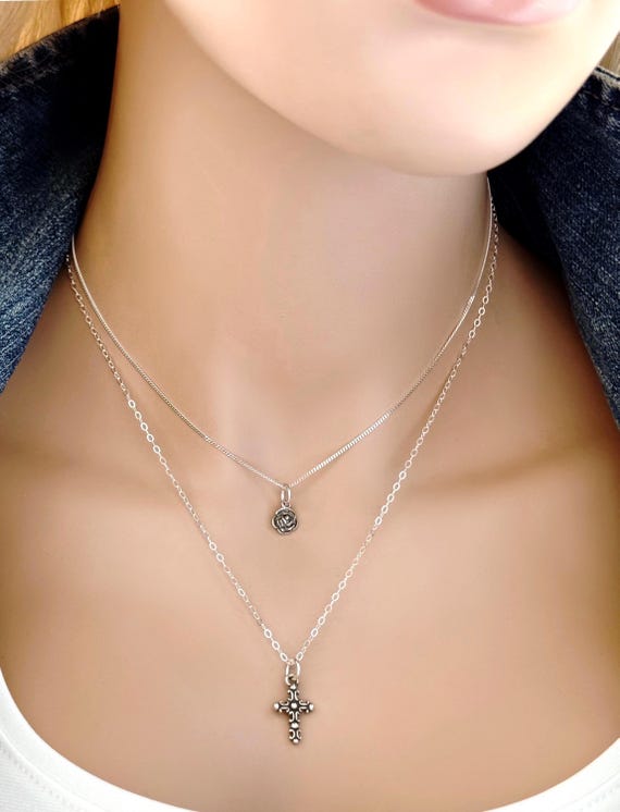 Sterling Silver Rose & Cross Layered Necklace Set, Curb Chain and 3D Rose, Cable Chain and Cross, Mixed Metal Inspirational Set, #2049/#2050