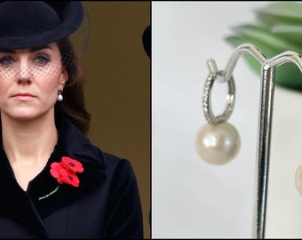 Princess Kate Inspired Zircon Diamond Silver Hoop Pearl Earrings, Lustrous Edison White Pearls, Sterling Silver CZ Click Hoops, #1582