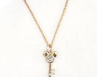 Gold Zircon Mouse Key Necklace, Tiny Key Charm, 14k Gold Filled Necklace, Dainty Layering Chain, Gold Princess CZ Choker, #1681