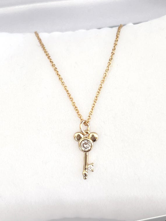 Gold Zircon Mouse Key Necklace, Tiny Key Charm, 14k Gold Filled Necklace, Dainty Layering Chain, Gold Princess CZ Choker, #1681
