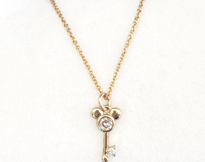 Gold Zircon Mouse Key Necklace, Tiny Key Charm, 14k Gold Filled Necklace, Dainty Layering Chain, Gold Princess CZ Choker, #1681
