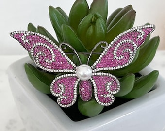 Pink Zircon Butterfly Brooch, Gunmetal Black Luxury Pearl Brooch, Pink & Clear Zircons, Fabulous Sparkling Design, #1669
