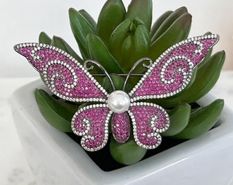 Pink Butterfly Pearl Brooch, Luxury Gunmetal Black Brooch, Pink & Clear Zircons, Fabulous Sparkling Design, #1669