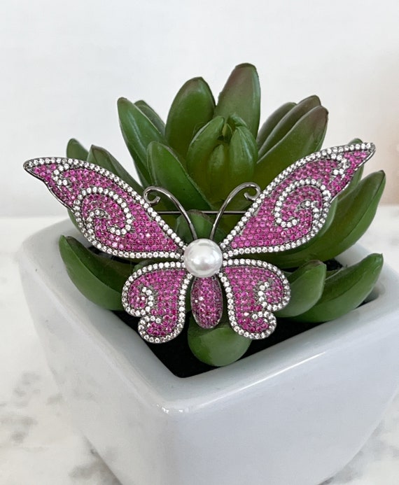 Pink Butterfly Pearl Brooch, Luxury Gunmetal Black Brooch, Pink & Clear Zircons, Fabulous Sparkling Design, #1669