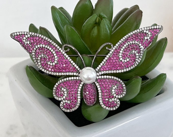 Pink Zircon Butterfly Brooch, Gunmetal Black Luxury Pearl Brooch, Pink & Clear Zircons, Fabulous Sparkling Design, #1669