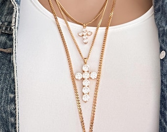 Layered Iced Out Zircon Cross Necklaces, Gold Curb Chain, Different Lengths & Sizes, Faith Jewelry Set, Limited Quantities, #2022