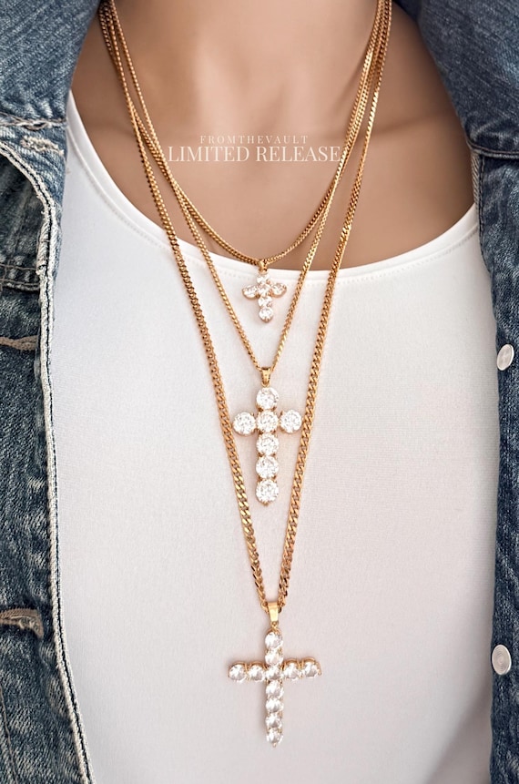 Layered Iced Out Zircon Cross Necklaces, Gold Curb Chain, Different Lengths & Sizes, Faith Jewelry Set, Limited Quantities, #2022