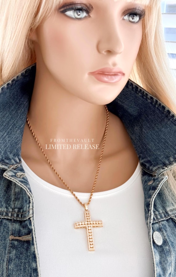 Iced Out Zircon Cross Necklace, Gold Plated Cross Pendant, Rope Chain 20", Chunky Faith Jewelry, From the Vault Limited Quantities, #2017
