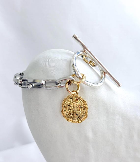 Stainless Steel Chunky Link Bracelet, Oversized Toggle Clasp, Gold Cross Coin Charm, Mixed Metal Statement Bracelet, #2045