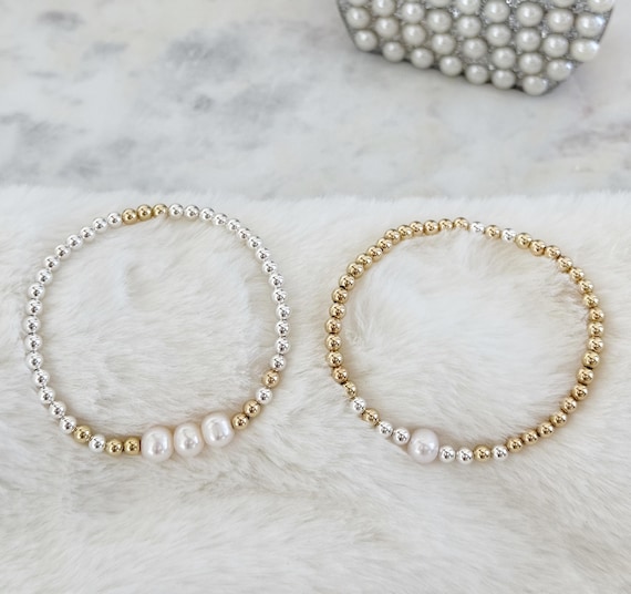 14k Gold Beaded Freshwater Pearl Bracelet, Stretch Gold & Silver Pearl Bracelet, Mixed Metal, Friendship Boho Beach Bracelets, #1827