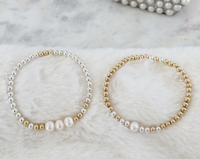 14k Gold Beaded Freshwater Pearl Bracelet, Stretch Gold & Silver Pearl Bracelet, Mixed Metal, Friendship Boho Beach Bracelets, #1827