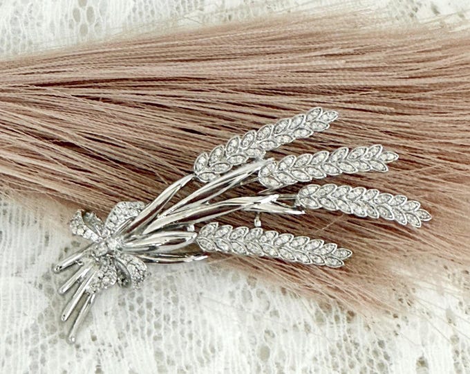 Silver Zircon Wheat Brooch, Sheaf of Wheat with a Bow, Wheat Sprigs, Men's Brooch, Unisex, #1811