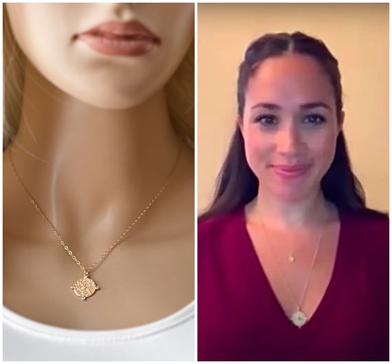 Meghan Markle Inspired Gold Medallion 14k Gold Filled Necklace Round Geometric Lines CZ Points Dainty and Light Sparkling Jewelry 1217 Etsy