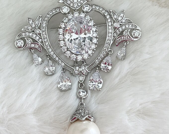 Large Zircon Pearl Dangle Brooch, Teardrop CZ Dangles, Big Oval Zircon Diamond Center, Paved and Pronge Zircons, Royal Vintage Style,  #1738
