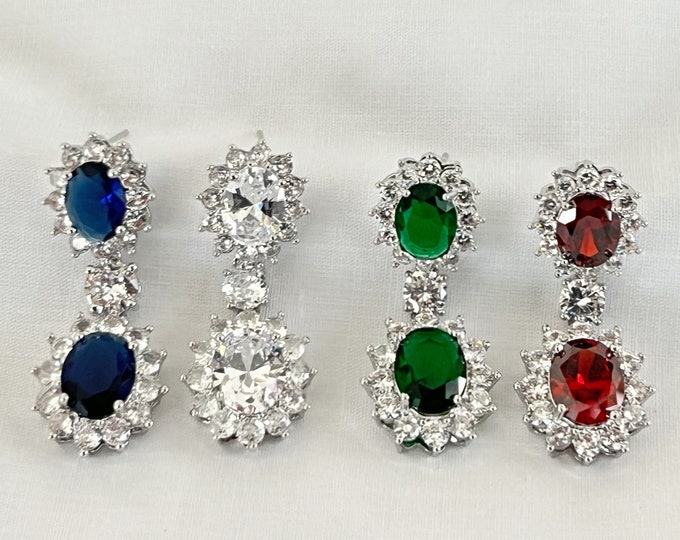 Royal Zircon Chandelier Post Earrings, Sapphire Blue, Ruby Red, Emerald Green and Clear Crystal, Bridal Chandelier Earrings, #1665