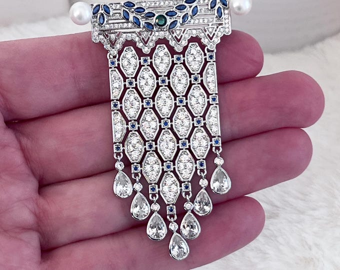 Royal Diamond Zircon Vine Brooch, Dangling Tassel Teardrops, Genuine Pearls, Blue & Green Greek Leaf Header, Pendant Hooks on Back #1796