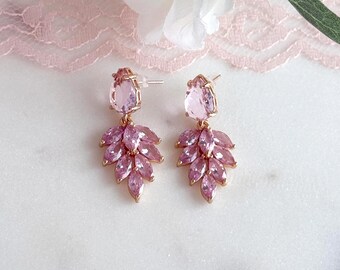Sparkle Pink Zircon Earrings, Large Faceted Teardrop Posts, Pink Zircon Leaf Dangles, Wedding Pink Studs, #1878