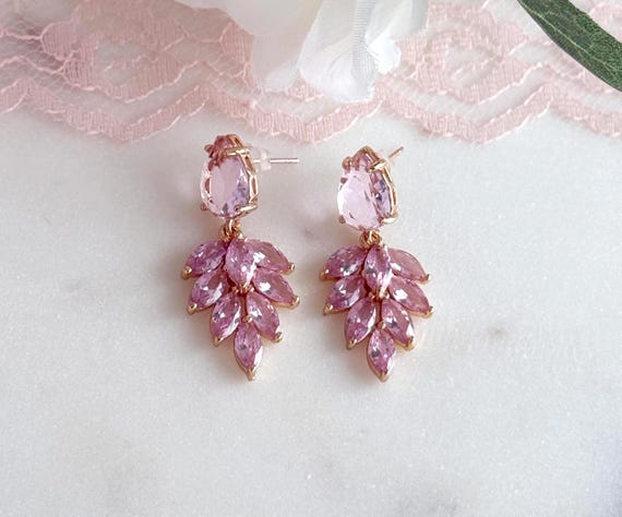 Pink Zircon Faceted Teardrop Earrings: 14k Gold Plated Leaf Dangles, Pink Statement Bridal Boho Jewelry, #1878
