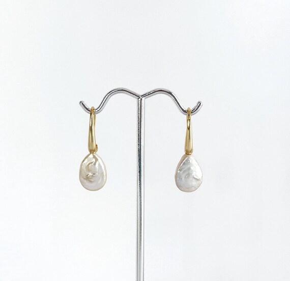 Gold Teardrop Pearl Drop Earrings: 14k GP Sterling Silver Earwire Loop #1912