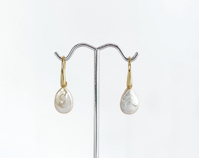 Gold Teardrop Pearl Drop Earrings: 14k GP Sterling Silver Earwire Loop #1912