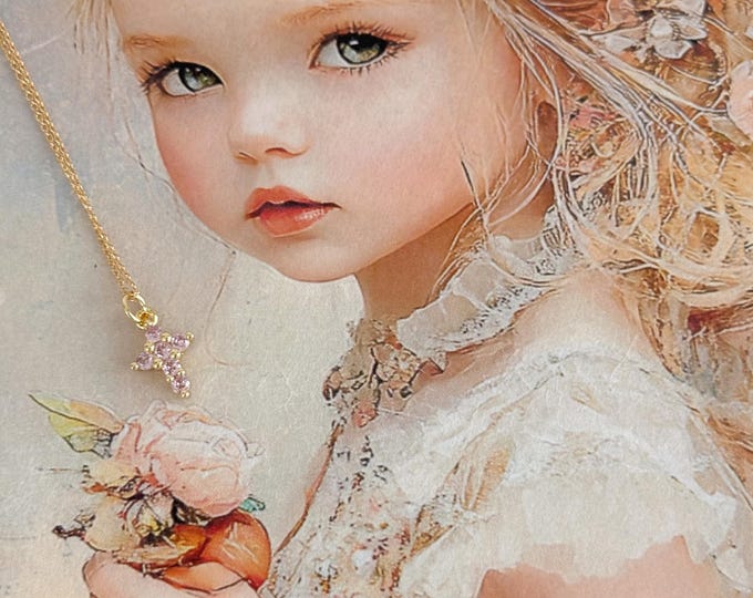 Children's Gold Zircon Cross Necklace: 14k Gold Filled Chain, Gold Plated Cross with Colored Zircons, Dainty Faith-Filled Jewelry Gift #1921